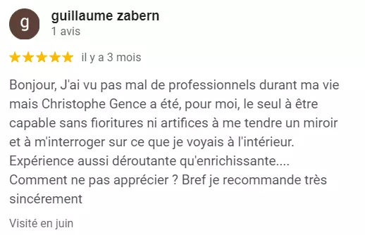 Capture d’écran d’un avis Google laissé à Christophe Gence, psychologue, exprimant une recommandation sincère pour la qualité de son accompagnement.